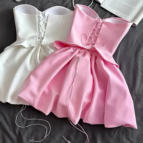 Women Strapless Bustier Corset Top And Balloon Bubble Mini Skirt Co-ords Polyester Solid Color Elegant Sweet Clubwear Outfit
