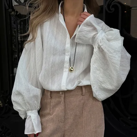 Dames Wit Shirt met Lange Lantaarnmouwen Blouse Reverskraag Knopen Los Casual Effen Kleur Polyester Design Sense Top