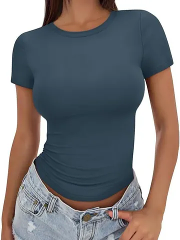 Women's Sexy Slim Fit Solid Color Crew Neck T-Shirt Summer Short Sleeve Polyester Spandex Basic Casual Top