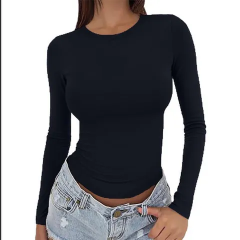 Women's Slim Fit Crew Neck Long Sleeve T-Shirt Sexy Basic Solid Color Polyester Top European Style Casual Base Layer