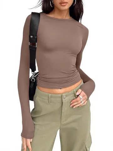 Women Slim Fit Long Sleeve T-Shirt Basic Solid Color Round Neck Patchwork Polyester Spandex Casual Pullover Top