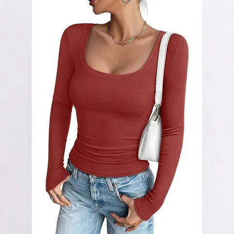 Women Ribbed Knit Slim Fit U-Neck Long Sleeve Top Cotton Blend Patchwork Casual Sexy Ribbed T-Shirt Basic Solid Color Top