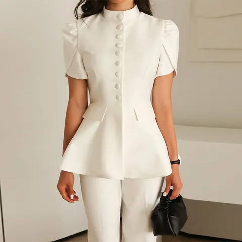 Camicetta da Donna Estiva Dolce con Colletto in Piedi Maniche a Sbuffo Monopetto Peplum Slim Fit Tinta Unita Manica Corta