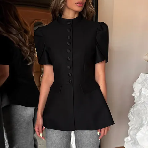 Camicetta da Donna Estiva Dolce con Colletto in Piedi Maniche a Sbuffo Monopetto Peplum Slim Fit Tinta Unita Manica Corta