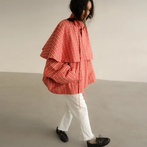 Γυναικείο Καρό Κόκκινο Oversized Πουκάμισο Μοντέρνο Σχέδιο Στυλ Κάπας Τοπ με Μακρύ Μανίκι Πολυεστέρα Χαλαρή Μπλούζα