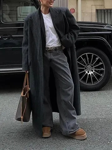 Dames Lange Krijtstreep Jas Revers Gestructureerde Schouder Losse Trenchcoat Mode Woon-werkverkeer Knoop Bovenkleding Top