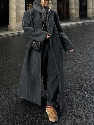 Dames Lange Krijtstreep Jas Revers Gestructureerde Schouder Losse Trenchcoat Mode Woon-werkverkeer Knoop Bovenkleding Top