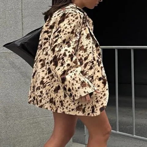 Women Brown Leopard Cow Print Long Sleeve Blazer Office Casual Printed V-Neck Suit Jacket With Belt Fashion Elegant Outwear