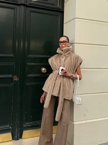 Women Faux Fur Vest High Neck Sleeveless Thickened Warm Waist Tie Outerwear Casual Artificial Fur Jacket For Autumn Winter