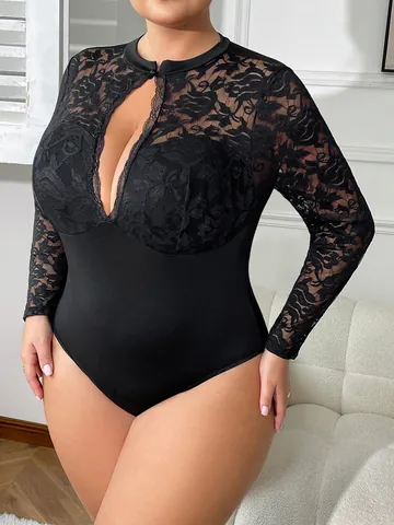 Body en Dentelle Noire Grande Taille pour Femmes Sexy Transparent Manches Longues Ajouré Col en V Combinaison Polyester