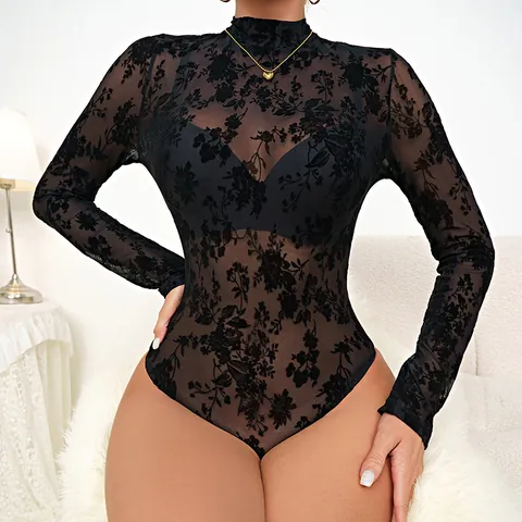 Women Sexy Floral Flocking Sheer Mesh Bodysuit Long Sleeve High Neck Bodycon Leotard Polyester See Through Slim Fit Romper
