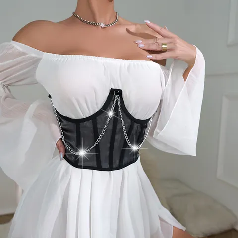 Cintura a Corsetto Sexy da Donna in Rete Patchwork con Catena in Metallo e Supporto a Spina di Pesce Gotica Punk Modellante Dimagrante