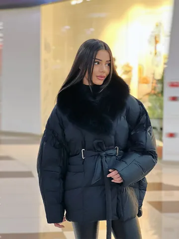 Women Elegant Padded Jacket With Detachable Artificial Fur Collar Winter Thickened Polyester Belted Top Outerwear Coat