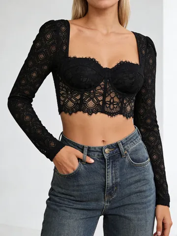 Women's Long Sleeve Lace Crop Top Sexy Hollow Out See-Through Slim Fit Floral Corset Top For Party Daily Wear