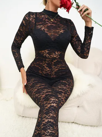Sexy Black Lace Jacquard Hollow Perspective Long Sleeve Slim Fit Jumpsuit For Women Elegant High Neck Bodysuit Clubwear
