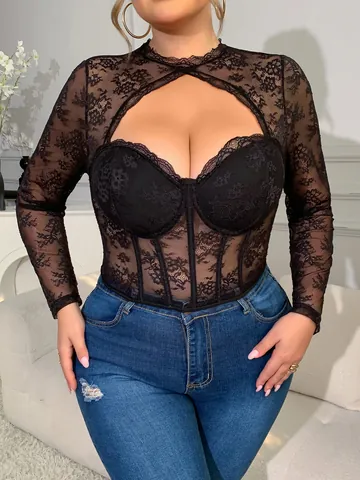 Top Corsetto Taglie Forti Donna Sexy Nero Pizzo Rete Manica Lunga Cut Out Ferretto Stecche Patchwork