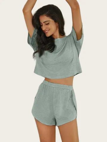 Ropa de Descanso de Punto a Rayas para Mujer Parte Superior E Inferior Manga Corta Crop Top Talle Alto Pantalones Cortos