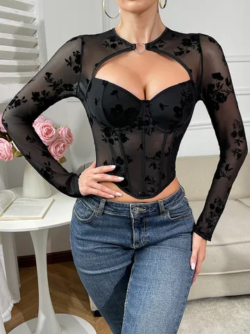 Top Corsetto Donna Sexy in Pizzo Mesh a Maniche Lunghe con Flaccatura Floreale e Stecche Stile Corte Europeo Aderente