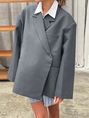 Women Loose V-Neck Diagonal Placket Blazer Outerwear Polyester Solid Color Long Sleeve Casual Office Top With Pockets