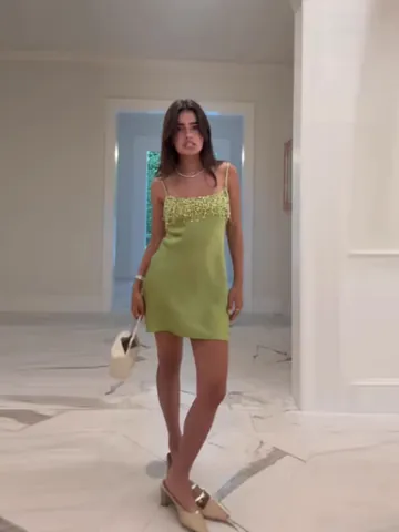 Sexy Lime Green Sequin Tassel Cami Dress For Women Backless Mini Satin Party Beach Vacation Clubwear Bodycon Dress