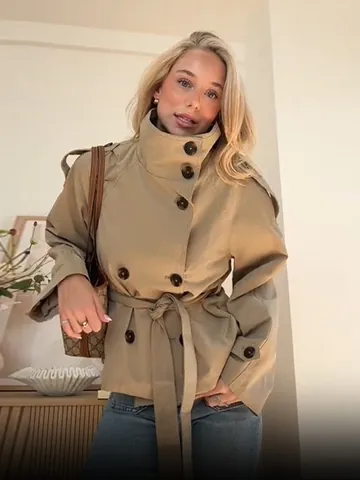 Women Short Trench Coat Stand Collar Double Breasted Waist Tie Autumn Fashion Jacket British Style Commuter Windbreaker