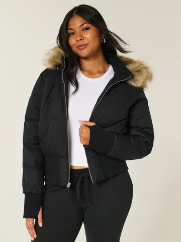 Women's Short Padded Jacket Faux Fur Hooded Coat Polyester Zip Up Winter Warm Outerwear With Ribbed Cuffs And Pockets