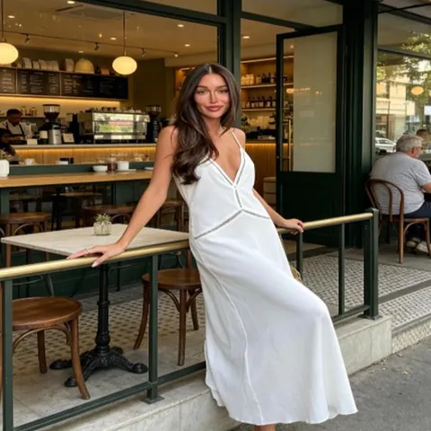 French Style Deep V-Neck Backless Maxi Dress For Women White Polyester Spaghetti Strap Hollow Out Vacation Long Dress