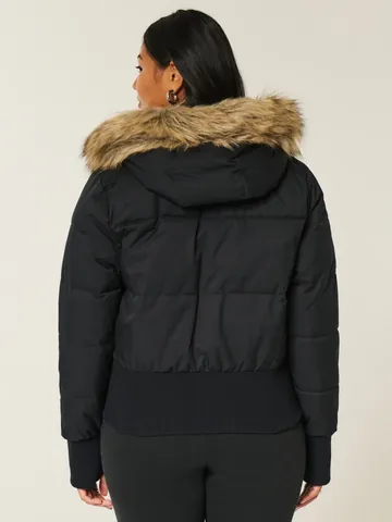 Women's Short Padded Jacket Faux Fur Hooded Coat Polyester Zip Up Winter Warm Outerwear With Ribbed Cuffs And Pockets