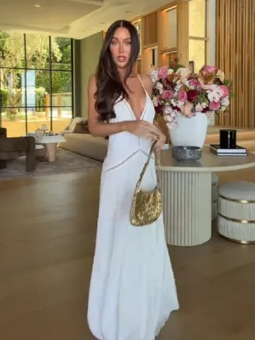 French Style Deep V-Neck Backless Maxi Dress For Women White Polyester Spaghetti Strap Hollow Out Vacation Long Dress