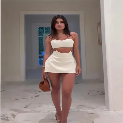 Women Sexy White Tube Top and Cutout Mini Skirt Set Solid Color Bandeau Top and High Waist A-Line Skirt Two Piece Outfit