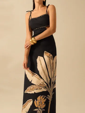 Women Backless Tropical Leaf Print Maxi Dress Sexy Cut Out Waist Spaghetti Strap Vacation Beach Party Sleeveless Long Dress