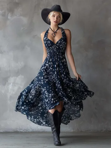 Women's Bohemian Halter Floral Dress Summer Beach Vacation Sleeveless A-Line Midi Sundress Elegant Polyester Party Dress