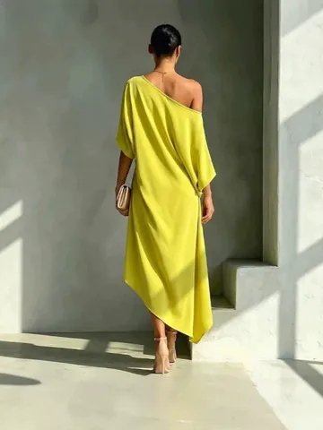 Elegant Minimalist One Shoulder Sleeveless Midi Dress For Women Asymmetrical Hem Ruched Satin Polyester Summer Party Dress