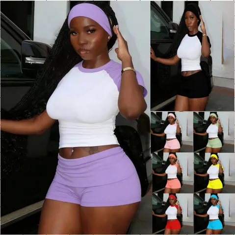 Damen Western Style Raglan Kontrastfarbe Sport Shorts Set Kurzarm Crop Top Und Shorts Mit Passendem Stirnband Polyester Workout Outfit
