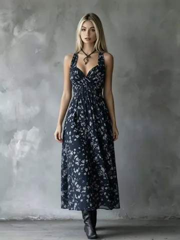 Women Halter V Neck Floral Print Midi Dress Sleeveless Backless High Waist Slim A Line Vacation Beach Party Summer Sundress