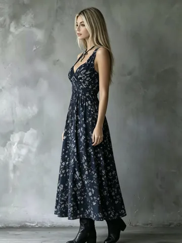 Women Halter V Neck Floral Print Midi Dress Sleeveless Backless High Waist Slim A Line Vacation Beach Party Summer Sundress