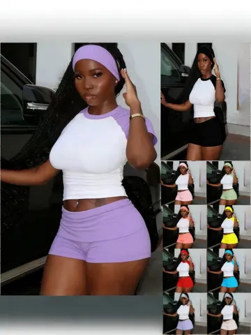 Women Casual Athletic Outfit Contrast Raglan Top Shorts And Headband Polyester Comfortable Sporty Fashion Apparel Activewear Set