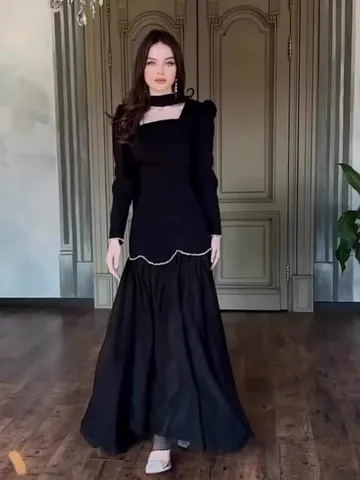 Vintage Palace Style Retro Square Neck Long Sleeve Maxi Dress Elegant Polyester Slim Fishtail Evening Dress For Women