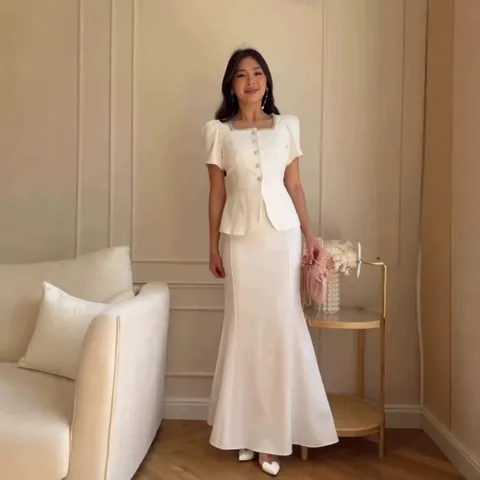 Women Elegant Polyester Rhinestone Top And Bottom Skirt Set Square Neck Short Puff Sleeve Fishtail Long Skirt Suit