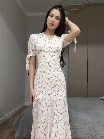 Vestido Maxi Floral con Cuello en V para Mujer Manga Corta Lazada Ajustado Poliéster Vestido de Verano Dulce y Fresco