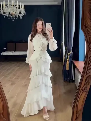Women Elegant Ruffle Maxi Dress Tiered Long Sleeve Stand Collar Slim Fit High Waist Woven Polyester Long Gown For Banquet