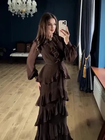 Women Elegant Ruffle Maxi Dress Tiered Long Sleeve Stand Collar Slim Fit High Waist Woven Polyester Long Gown For Banquet