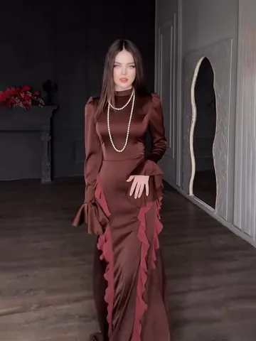 Elegant Mock Neck Satin Patchwork Maxi Dress For Women Vintage Palace Style Ruffle Long Sleeve Party Evening Dress