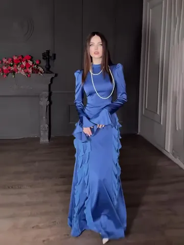 Elegant Mock Neck Satin Patchwork Maxi Dress For Women Vintage Palace Style Ruffle Long Sleeve Party Evening Dress
