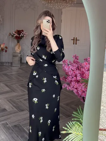 Conjunto de Falda Elegante Estampado Floral Mujer Top Cuello Redondo Y Falda Larga Poliéster Cachemira Verano Ropa