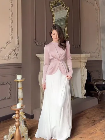 Dames Color Block Maxi Jurk Elegant V-hals Wikkel Lange Mouw Geplisseerd A-lijn Lange Rok Voor Banket Feest Formele Gelegenheden