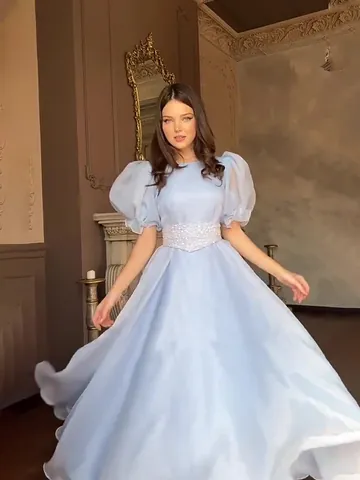 Vestito Maxi da Donna Elegante Stile Palazzo Manica a Sbuffo Scollo Quadrato Celeste Bianco Tinta Unita Vestito da Sera Festa