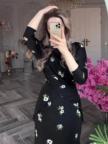 Conjunto de Falda Elegante Estampado Floral Mujer Top Cuello Redondo Y Falda Larga Poliéster Cachemira Verano Ropa