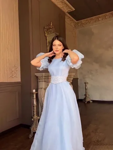Vestito Maxi da Donna Elegante Stile Palazzo Manica a Sbuffo Scollo Quadrato Celeste Bianco Tinta Unita Vestito da Sera Festa