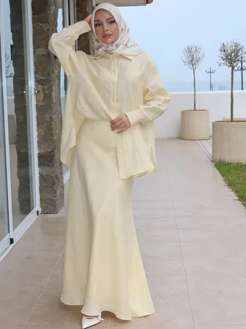 Women Elegant Solid Color Polyester Top And Bottom Elegant Turn-Down Collar Long Sleeve Top Maxi Skirt Vacation Attire Casual Daily Matching Attire For Female